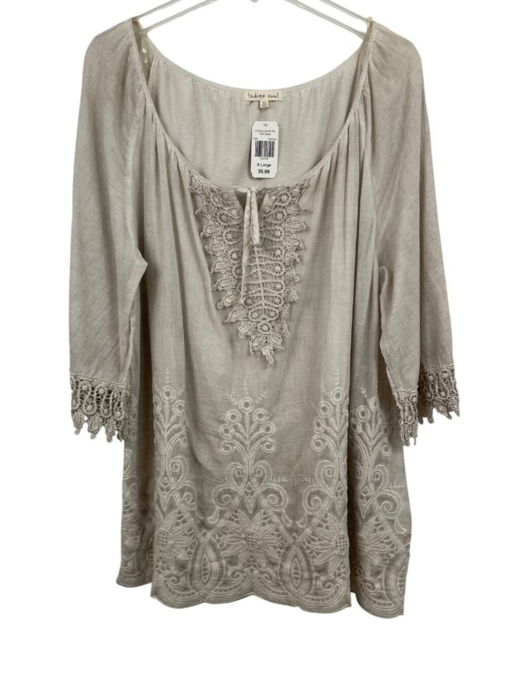 Indigo Soul Womens XL Sand Tunic Top W/ Crochet Trim & Embroidery